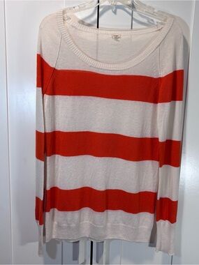 J.Crew Linen Cotton Sweater Womens S Orange Ivory Striped Scoop Neck Lightweight